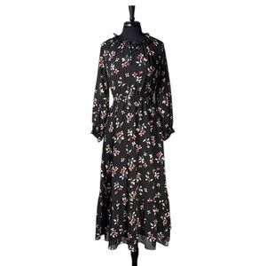 Madewell Women's Maxi Dress Black Floral Tiered Elastic Waist Long Sleeve Small